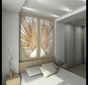 モダンデザインで統一されたベッドルームと海ユリの化石