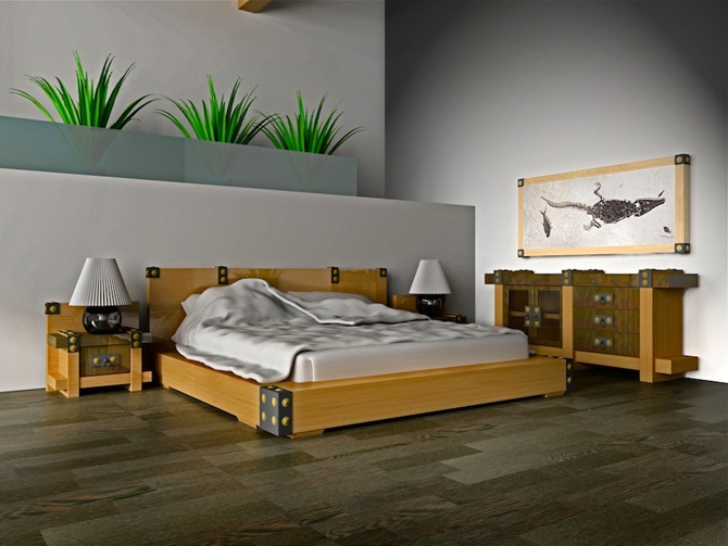 木製の家具で統一されたベッドルームとグリーンリバークロコダイルの化石
